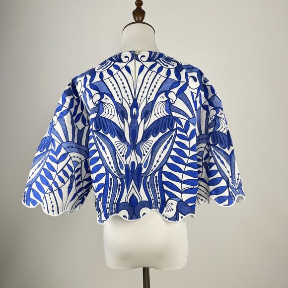 NWOT Farm Rio Linen Lace Nature Short-Sleeve Crop Wavy Blouse Size M Blue - Picture 6 of 11